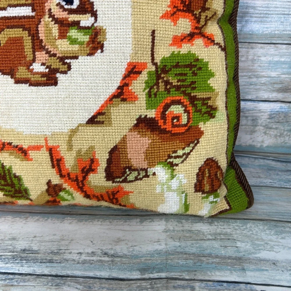 Vintage Needlepoint Pillow Chipmunk‎ Fall Mushroom Leaves Handmade Retro 70s 80s